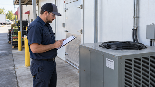 Commercial refrigeration technician comparing a walk-in condensing unit refrigerant label with a service checklist.